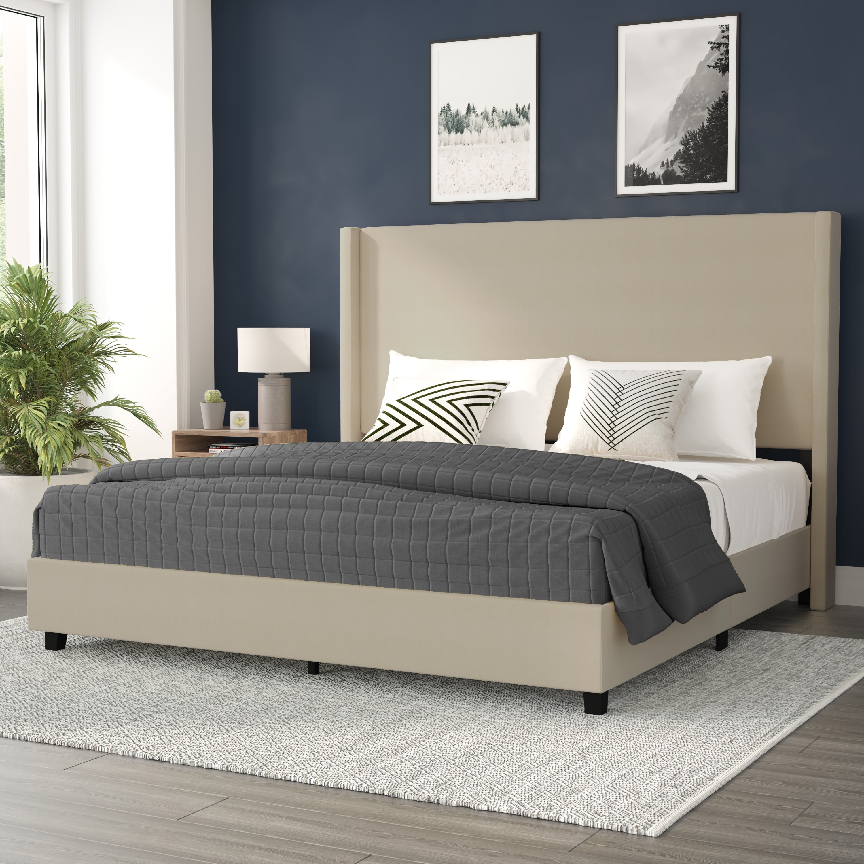 BizChair King Upholstered Platform Bed with Channel Stitched Wingback
