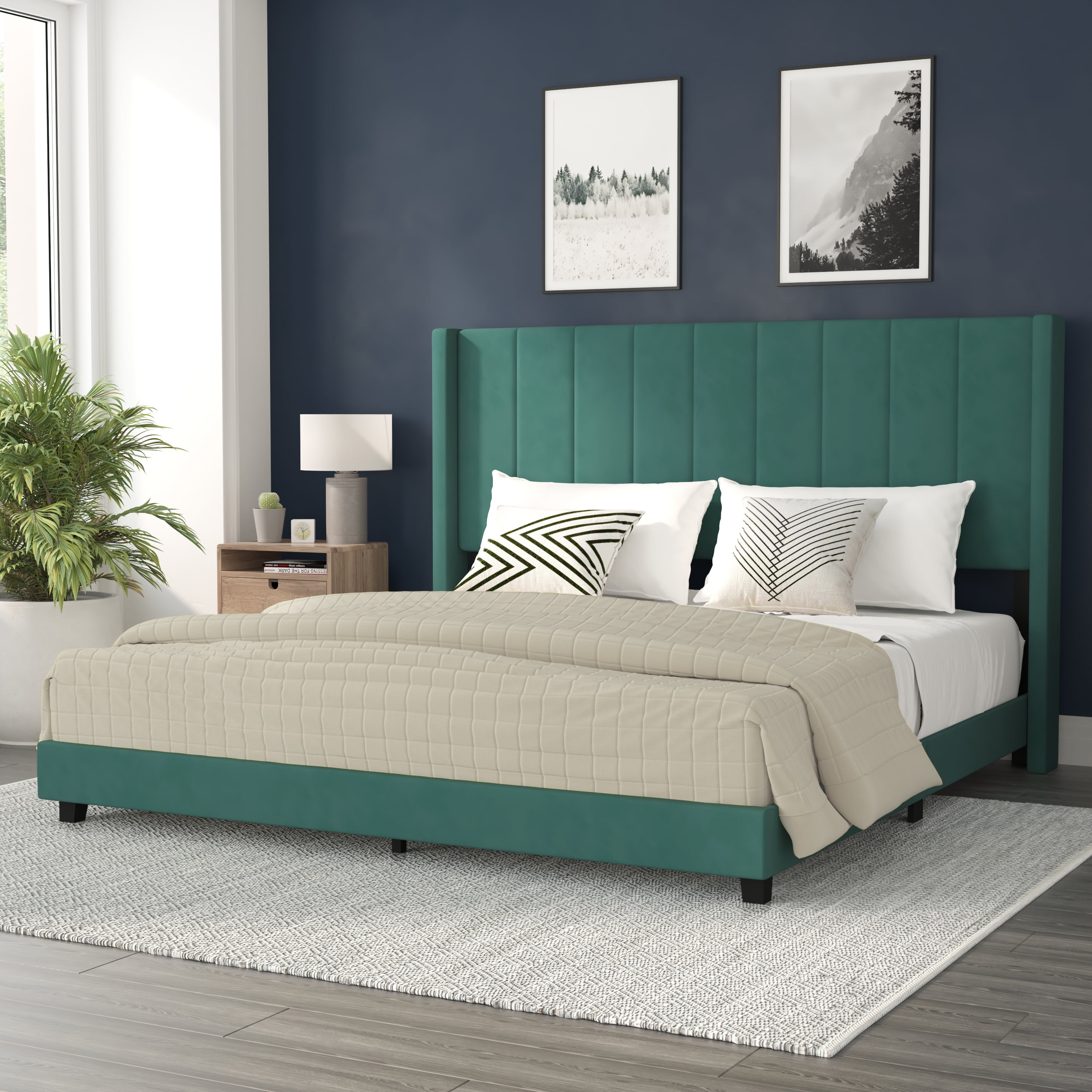 BizChair King Upholstered Platform Bed with Vertical Stitched Wingback ...