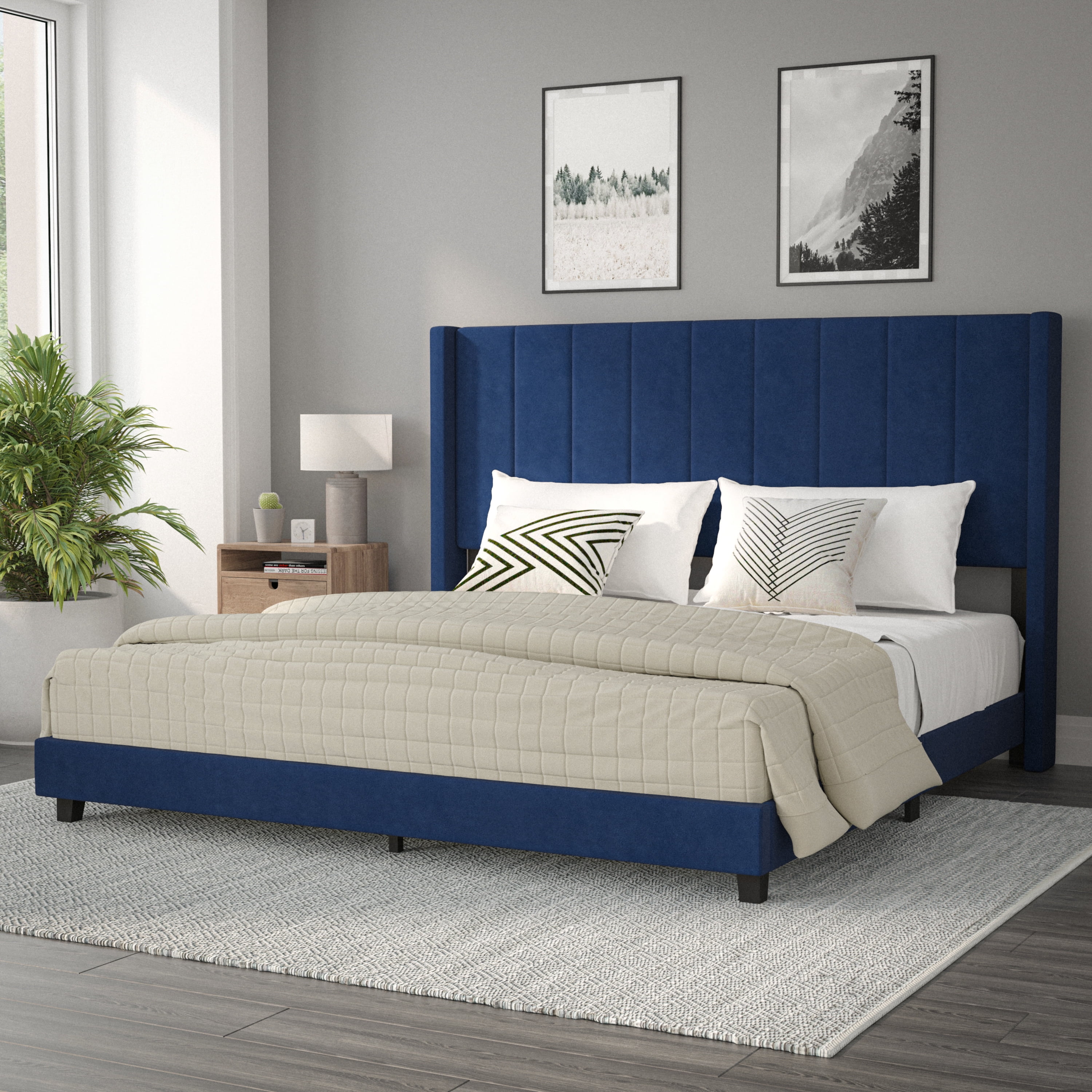 HOOMIC King Size Platform Bed Frame with Velvet Upholstered Plush Vertical Channel Headboard, No Box Spring Needed, Easy Assembly,Navy Blue