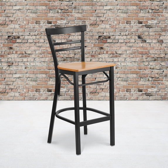 BizChair Ladder Back Bar Stool Natural Wood Seat, Black Metal Frame (Set of 2)