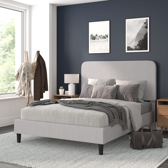 BizChair Light Grey Queen Fabric Upholstered Platform Bed - Headboard with Rounded Edges - No Box Spring or Foundation Needed
