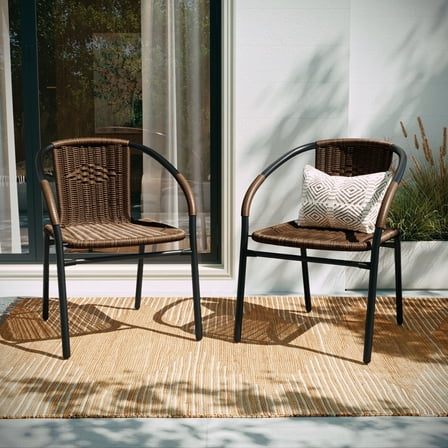 BizChair Lila Indoor/Outdoor Stacking Rattan Patio Chairs, Set of 2, Dark Brown