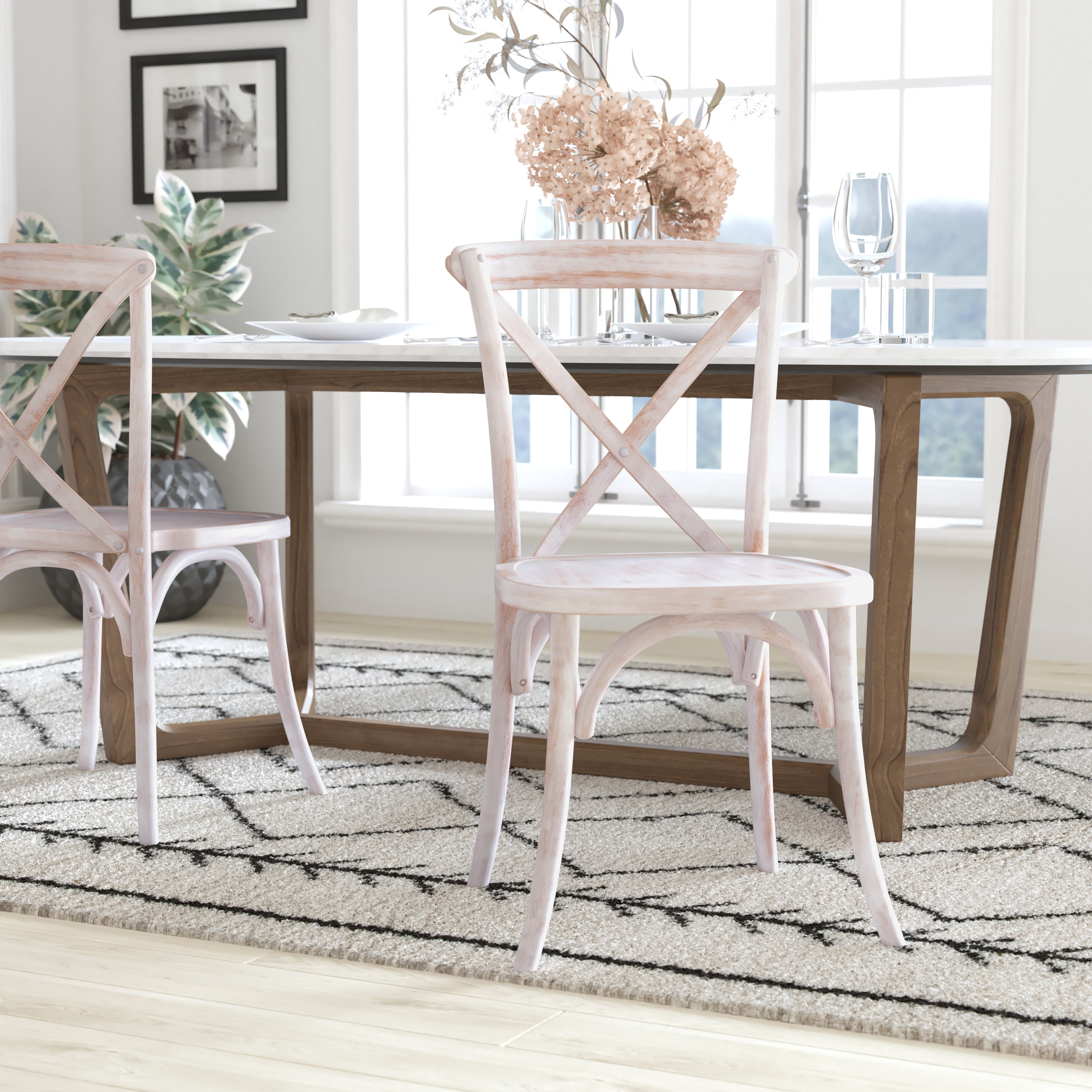 Elegant Lime Wash Solid Elm Wood X-Back Side Chair