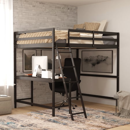 BizChair Loft Bed Frame with Desk, Full Size Wooden Bed Frame with Protective Guard Rails & Ladder for Kids and Teens - Espresso