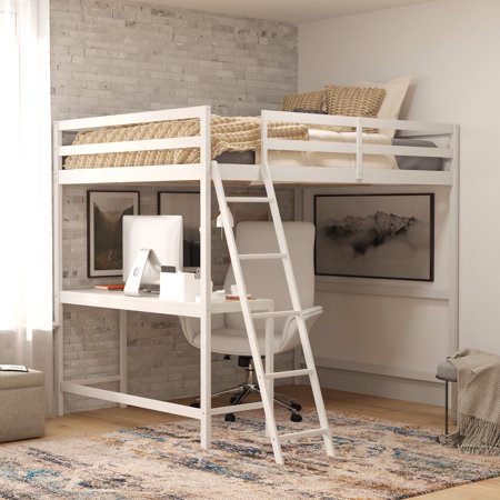 BizChair Loft Bed Frame with Desk, Full Size Wooden Bed Frame with Protective Guard Rails & Ladder for Kids and Teens - White