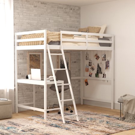 BizChair Loft Bed Frame with Desk, Twin Size Wooden Bed Frame with Protective Guard Rails & Ladder for Kids and Teens - White