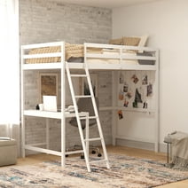BizChair Loft Bed Frame with Desk, Twin Size Wooden Bed Frame with Protective Guard Rails & Ladder for Kids and Teens - White