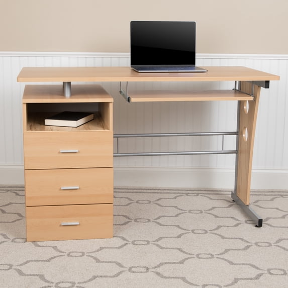 BizChair Maple Desk with Three Drawer Pedestal and Pull-Out Keyboard Tray