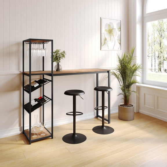 BizChair Metal Bar and Wine Table with 2 Slanted Shelves for Bottle Storage and Hanging Glass Storage, Black Frame with Light Brown Melamine Table Top