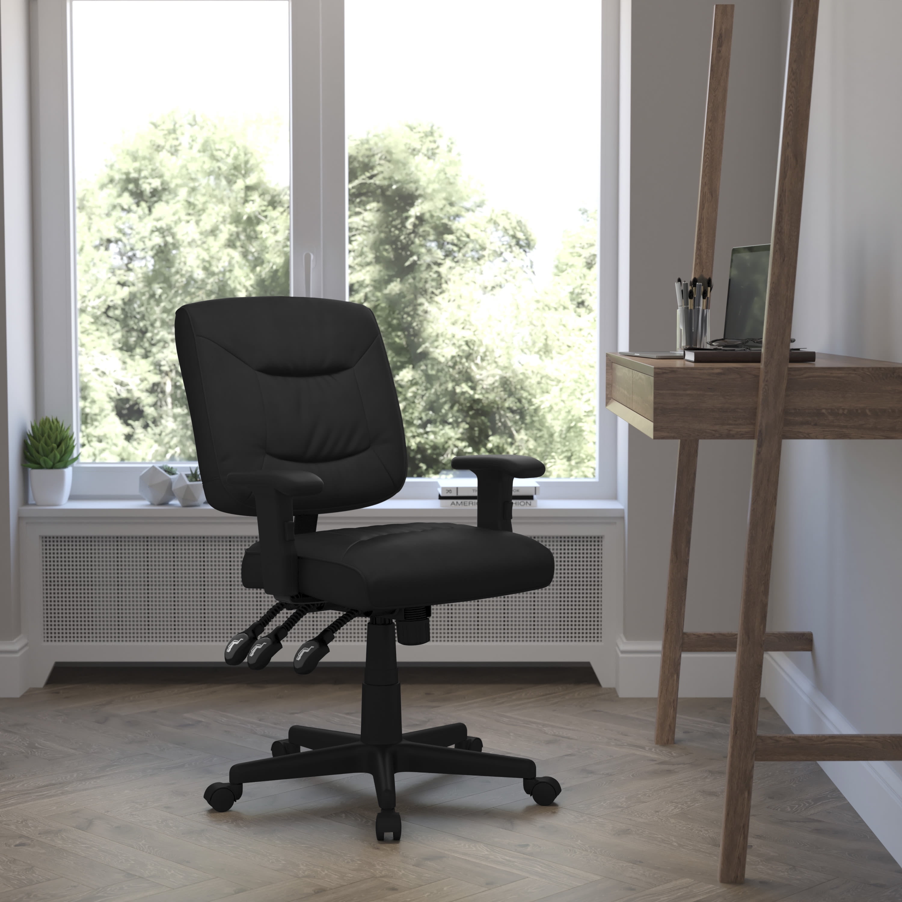 Ergonomic Mid-Back Black LeatherSoft Swivel Task Chair with Adjustable Arms