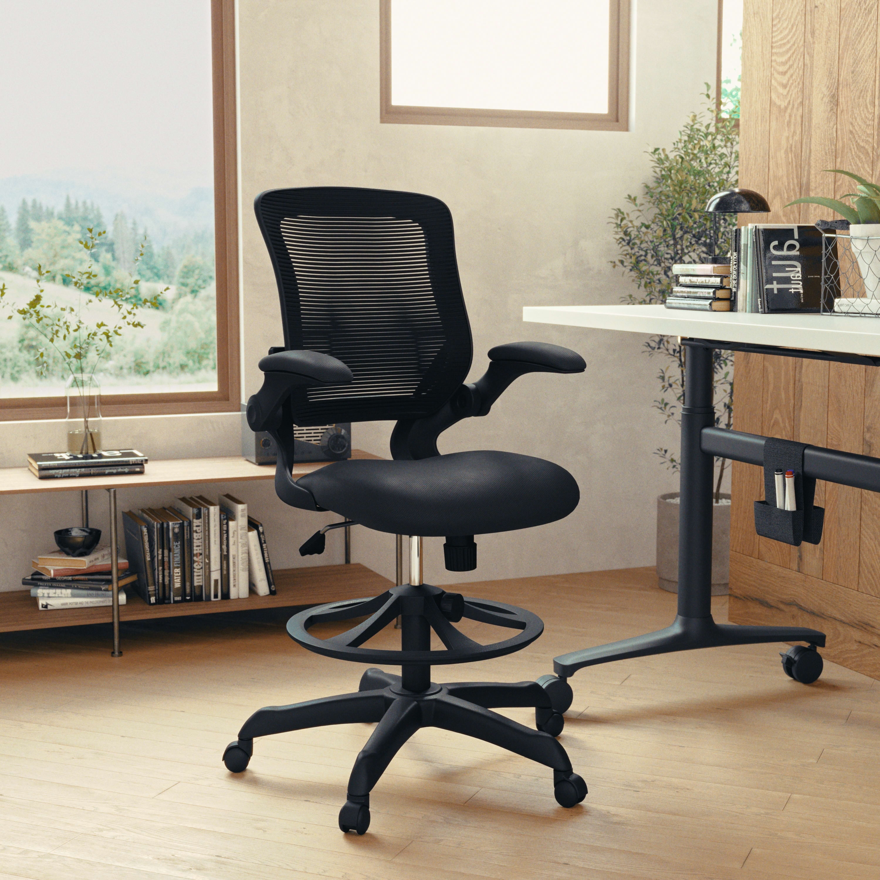 Mid-Back Mesh Ergonomic Drafting Chair with Adjustable Foot Ring and Flip-Up Arms