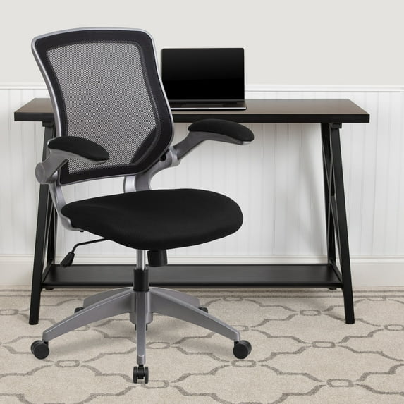 BizChair Mid-Back Black Mesh Swivel Ergonomic Task Office Chair with Gray Frame and Flip-Up Arms