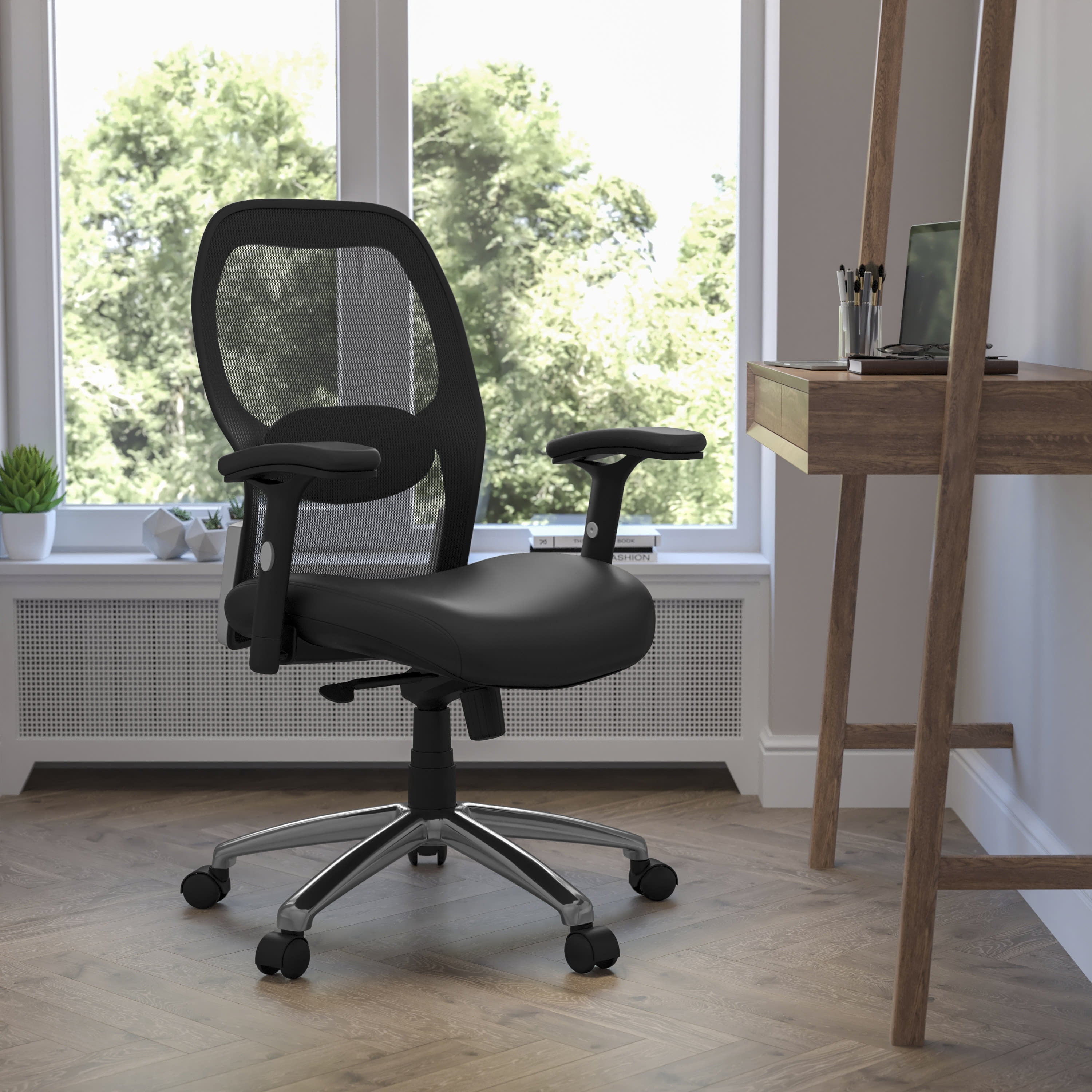 Mid-Back Swivel Executive Office Chair with Adjustable Arms in Black Leather/Mesh