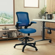 BizChair Mid-Back Blue Mesh Ergonomic Drafting Chair with Adjustable Foot Ring and Flip-Up Arms