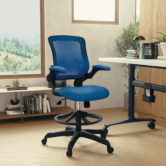 BizChair Mid-Back Blue Mesh Ergonomic Drafting Chair with Adjustable Foot Ring and Flip-Up Arms