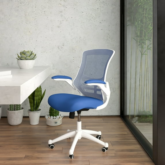 BizChair Mid-Back Blue Mesh Swivel Ergonomic Task Office Chair with White Frame and Flip-Up Arms