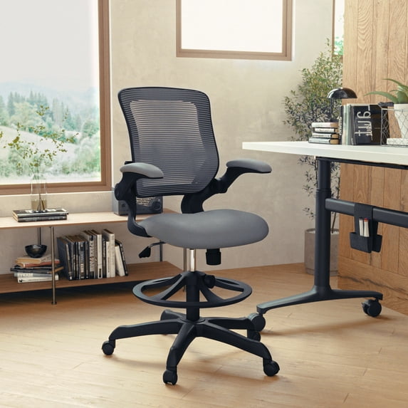 BizChair Mid-Back Dark Gray Mesh Ergonomic Drafting Chair with Adjustable Foot Ring and Flip-Up Arms