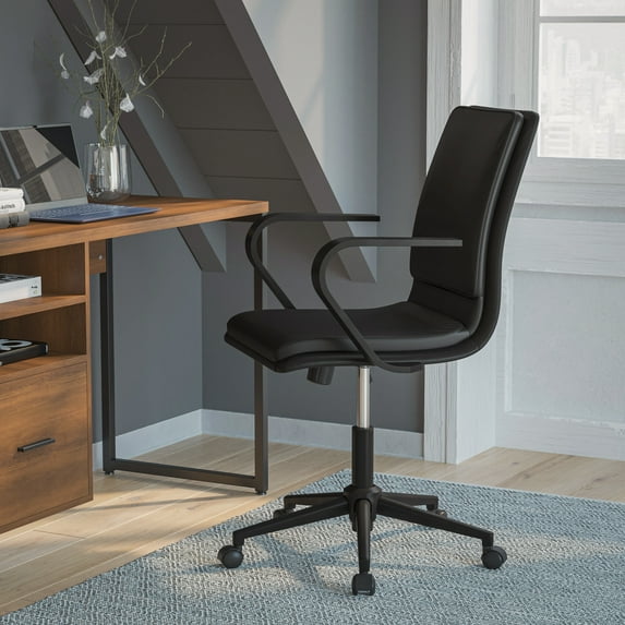 BizChair Mid-Back Designer Executive LeatherSoft Office Chair with Black Base and Arms, Black
