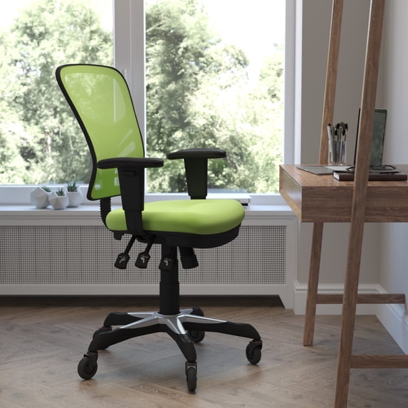 BizChair Mid-Back Green Mesh Multifunction Executive Swivel Ergonomic Office Chair with Adjustable Arms and Transparent Roller Wheels