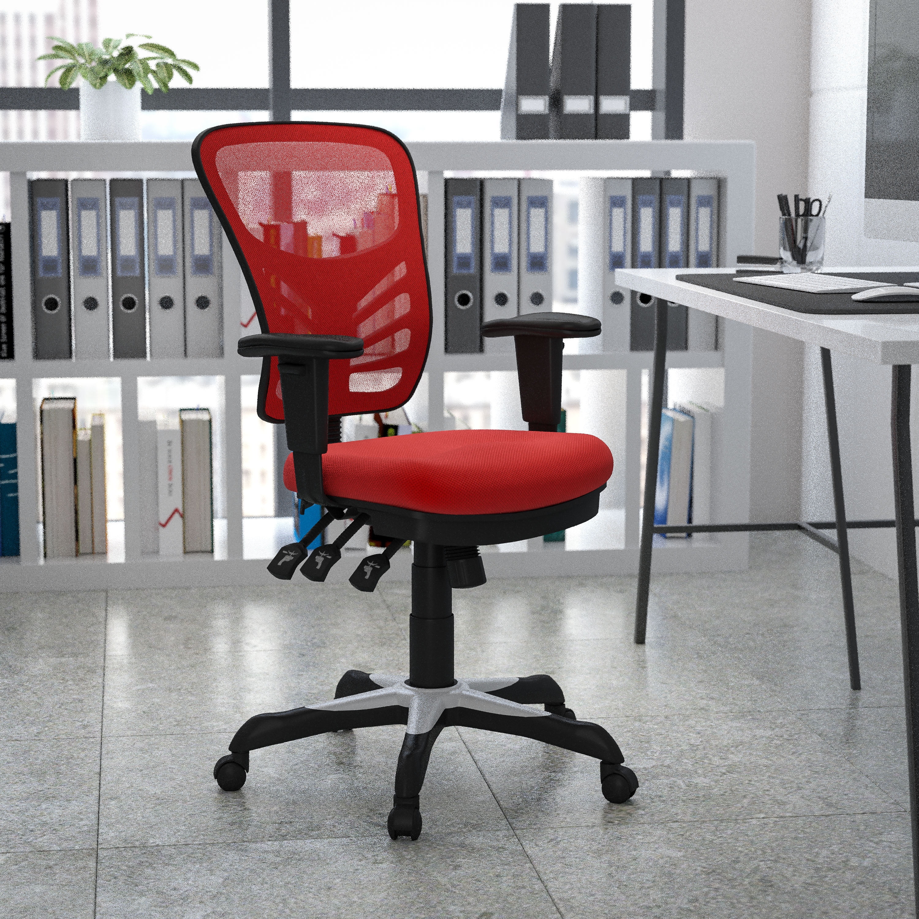 BizChair Mid Back Red Mesh Multifunction Executive Swivel