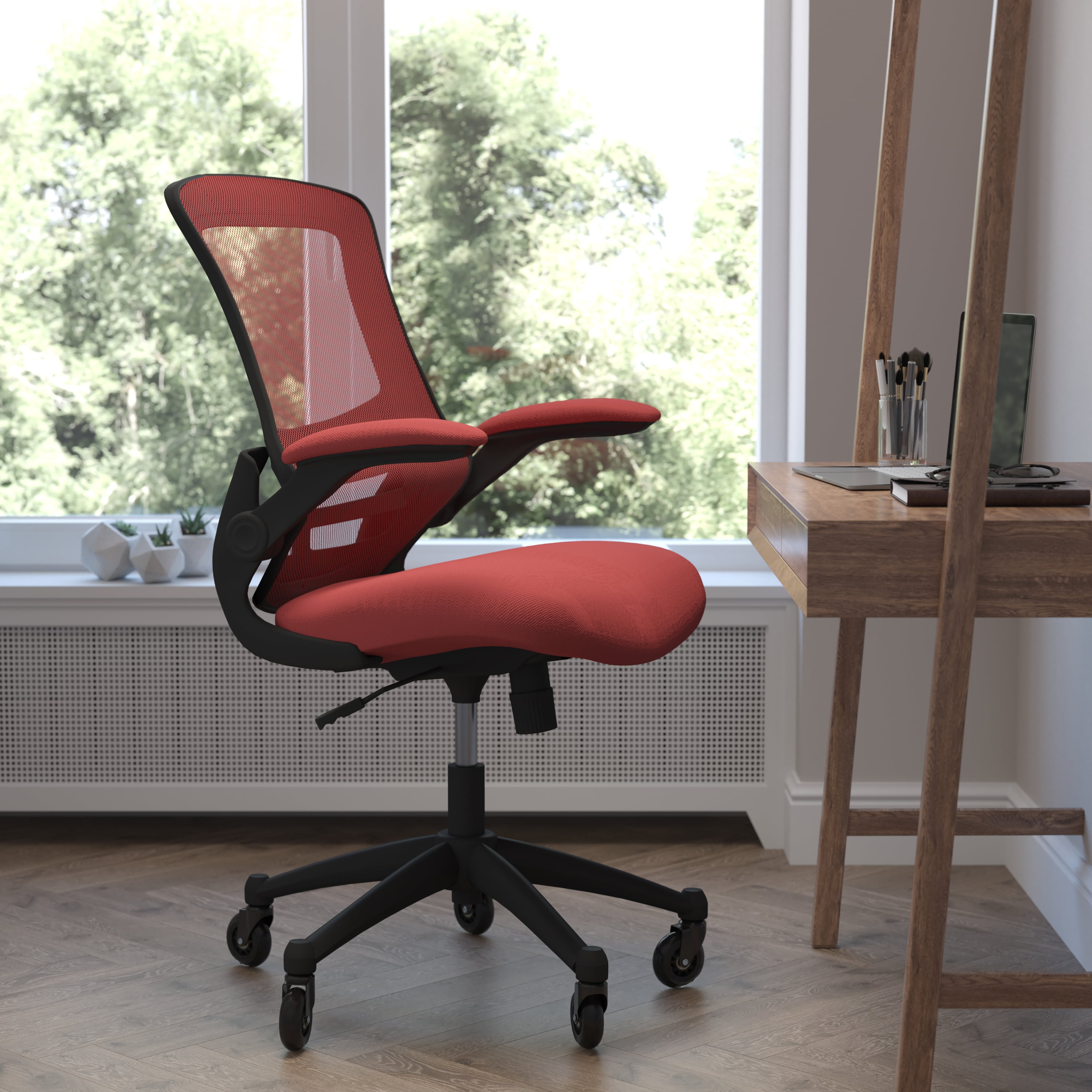 BizChair MidBack Red Mesh Swivel Ergonomic Task Office Chair with Flip