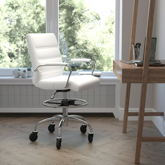 BizChair Mid-Back White LeatherSoft Drafting Chair with Adjustable Foot Ring, Chrome Base, and Transparent Roller Wheels