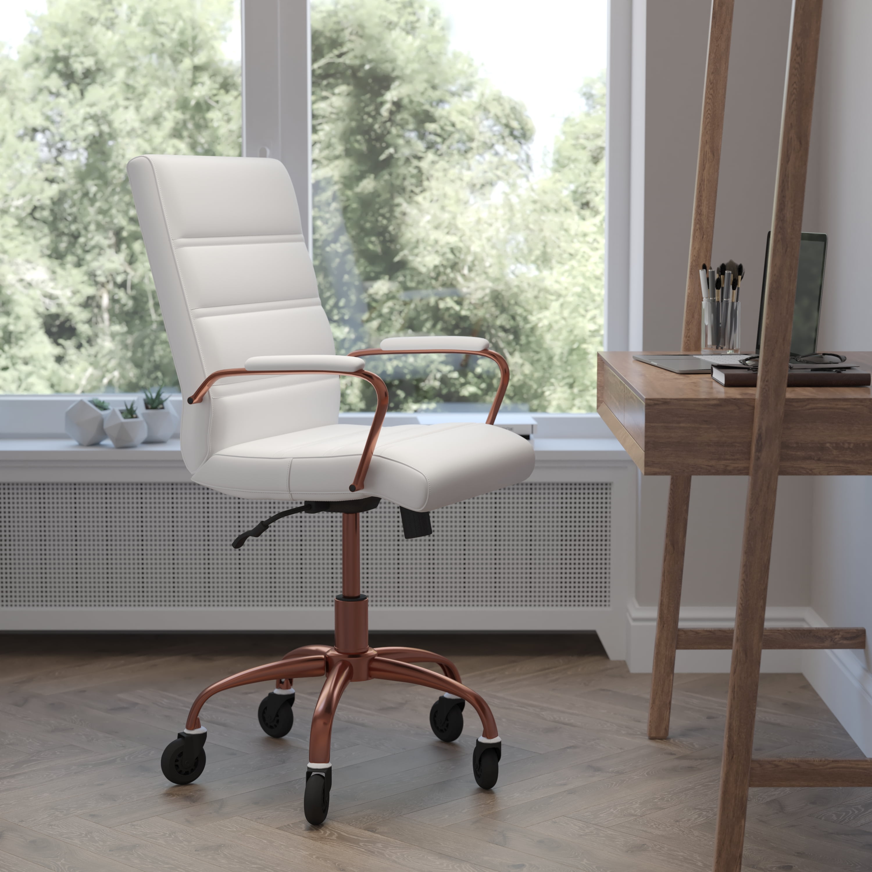 Mid-Back White LeatherSoft Swivel Executive Chair with Rose Gold Metal Frame