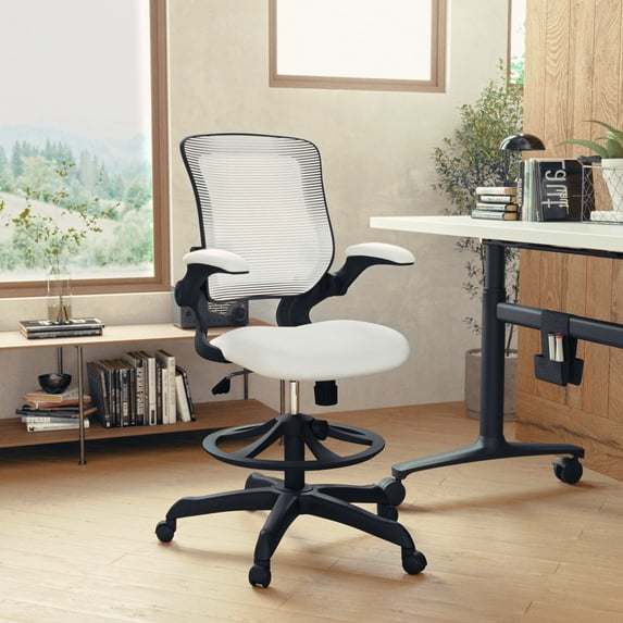 BizChair Mid-Back White Mesh Ergonomic Drafting Chair with Adjustable Foot Ring and Flip-Up Arms