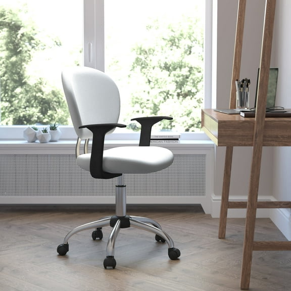 BizChair Mid-Back White Mesh Padded Swivel Task Office Chair with Chrome Base and Arms