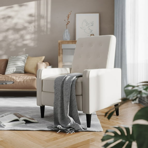 BizChair Mid-Century Modern Fabric Upholstered Button Tufted Pushback Recliner in Cream for Residential & Commercial Use