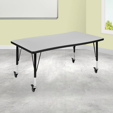 BizChair Mobile 28"W x 47.5"L Rectangular Wave Flexible Collaborative Grey Thermal Laminate Activity Table - Height Adjustable Short Legs