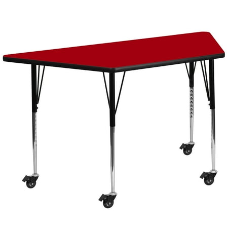 BizChair Mobile 29''W x 57''L Trapezoid Red Thermal Laminate Activity Table - Standard Height Adjustable Legs