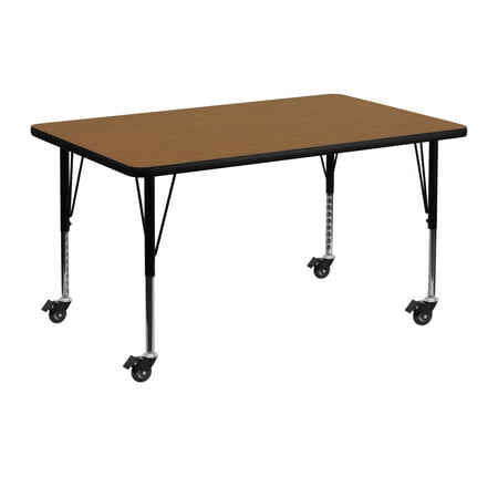 BizChair Mobile 30''W x 48''L Rectangular Oak Thermal Laminate Activity Table - Height Adjustable Short Legs