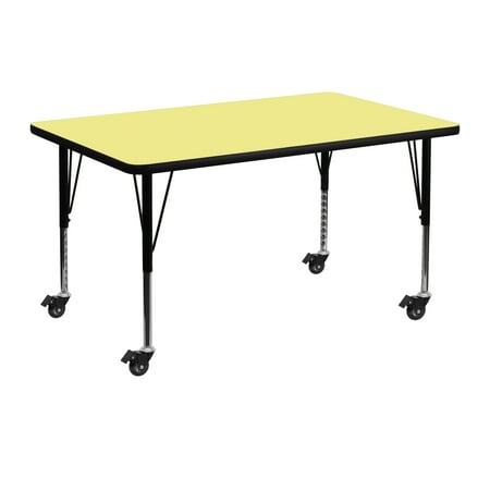 BizChair Mobile 30''W x 48''L Rectangular Yellow Thermal Laminate Activity Table - Height Adjustable Short Legs