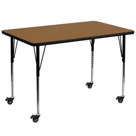 BizChair Mobile 36''W x 72''L Rectangular Oak Thermal Laminate Activity Table - Standard Height Adjustable Legs