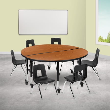 BizChair Mobile 47.5" Circle Wave Flexible Laminate Activity Table Set with 12" Student Stack Chairs, Oak/Black