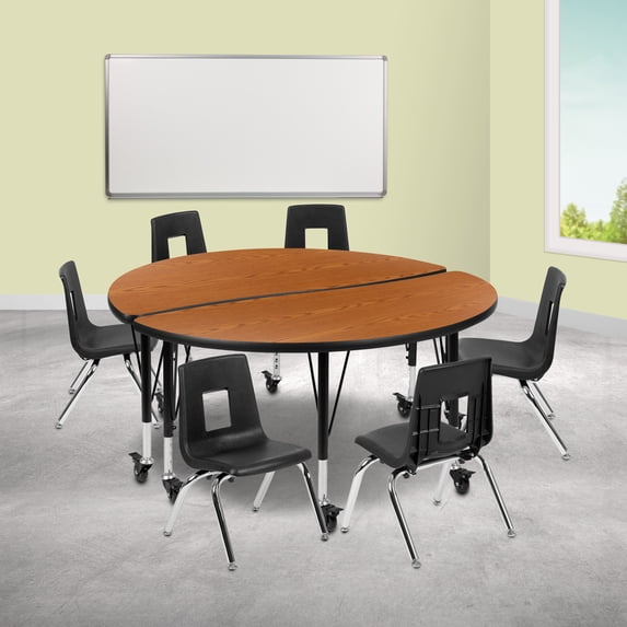 BizChair Mobile 47.5" Circle Wave Flexible Laminate Activity Table Set with 14" Student Stack Chairs, Oak/Black