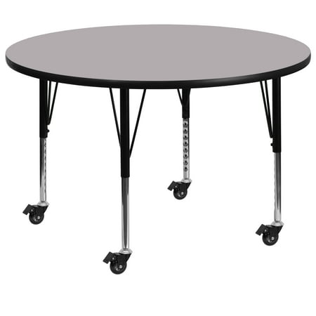 BizChair Mobile 48'' Round Grey Thermal Laminate Activity Table - Height Adjustable Short Legs