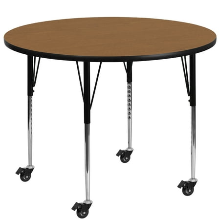 BizChair Mobile 48'' Round Oak Thermal Laminate Activity Table - Standard Height Adjustable Legs