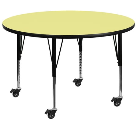 BizChair Mobile 48'' Round Yellow Thermal Laminate Activity Table - Height Adjustable Short Legs
