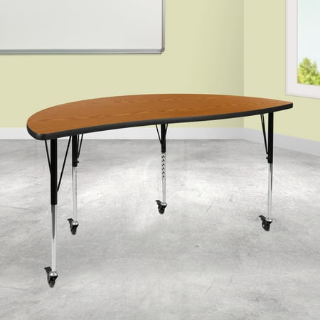 BizChair Mobile 60" Half Circle Wave Flexible Collaborative Oak Thermal Laminate Activity Table - Standard Height Adjustable Legs