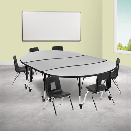 BizChair Mobile 86" Oval Wave Flexible Laminate Activity Table Set with 12" Student Stack Chairs, Grey/Black