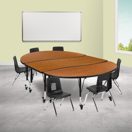 BizChair Mobile 86" Oval Wave Flexible Laminate Activity Table Set with 12" Student Stack Chairs, Oak/Black