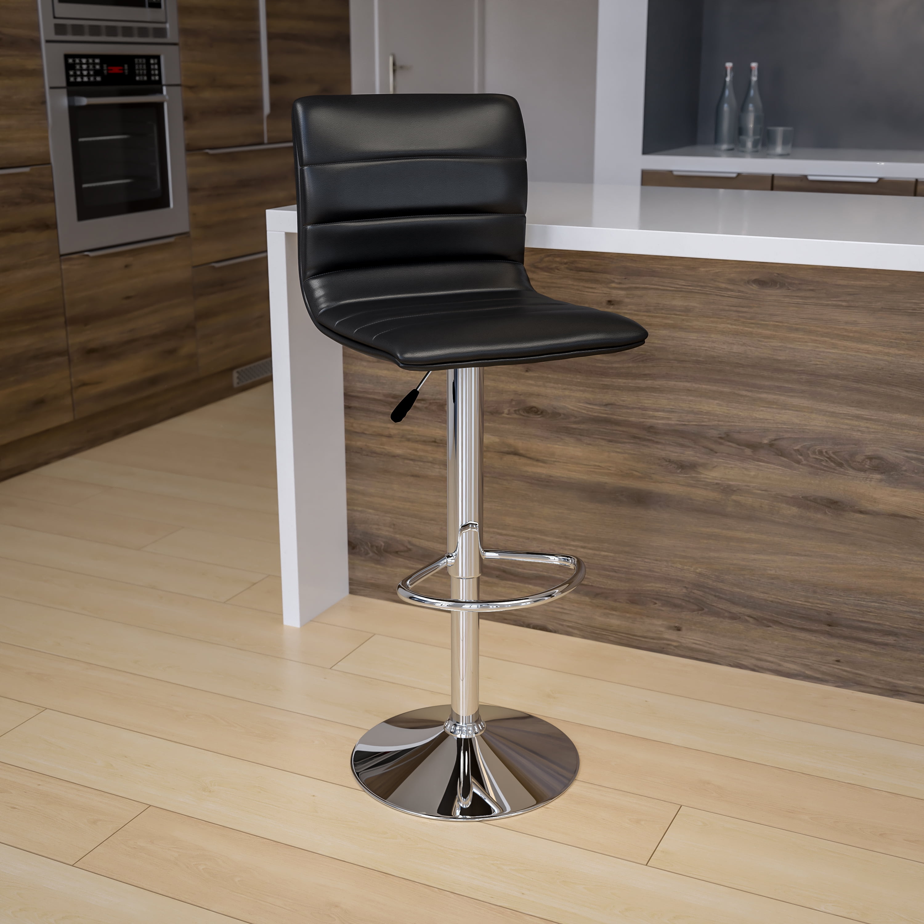 BizChair Modern Black Vinyl Adjustable Bar Stool with Back Swivel