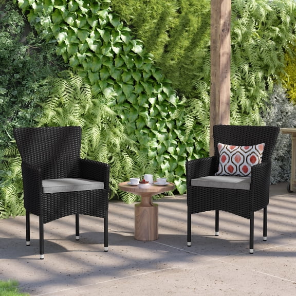 BizChair Modern Black Wicker Patio Armchairs for Deck or Backyard, Fade and Weather-Resistant Frames and Gray Cushions-Set of 2