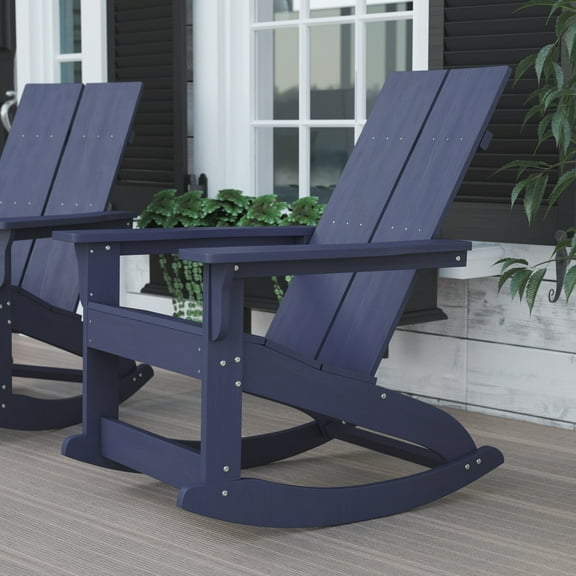 BizChair Modern Commercial Grade All-Weather 2-Slat Poly Resin Wood Rocking Adirondack Chair with Rust Resistant Stainless Steel Hardware in Navy