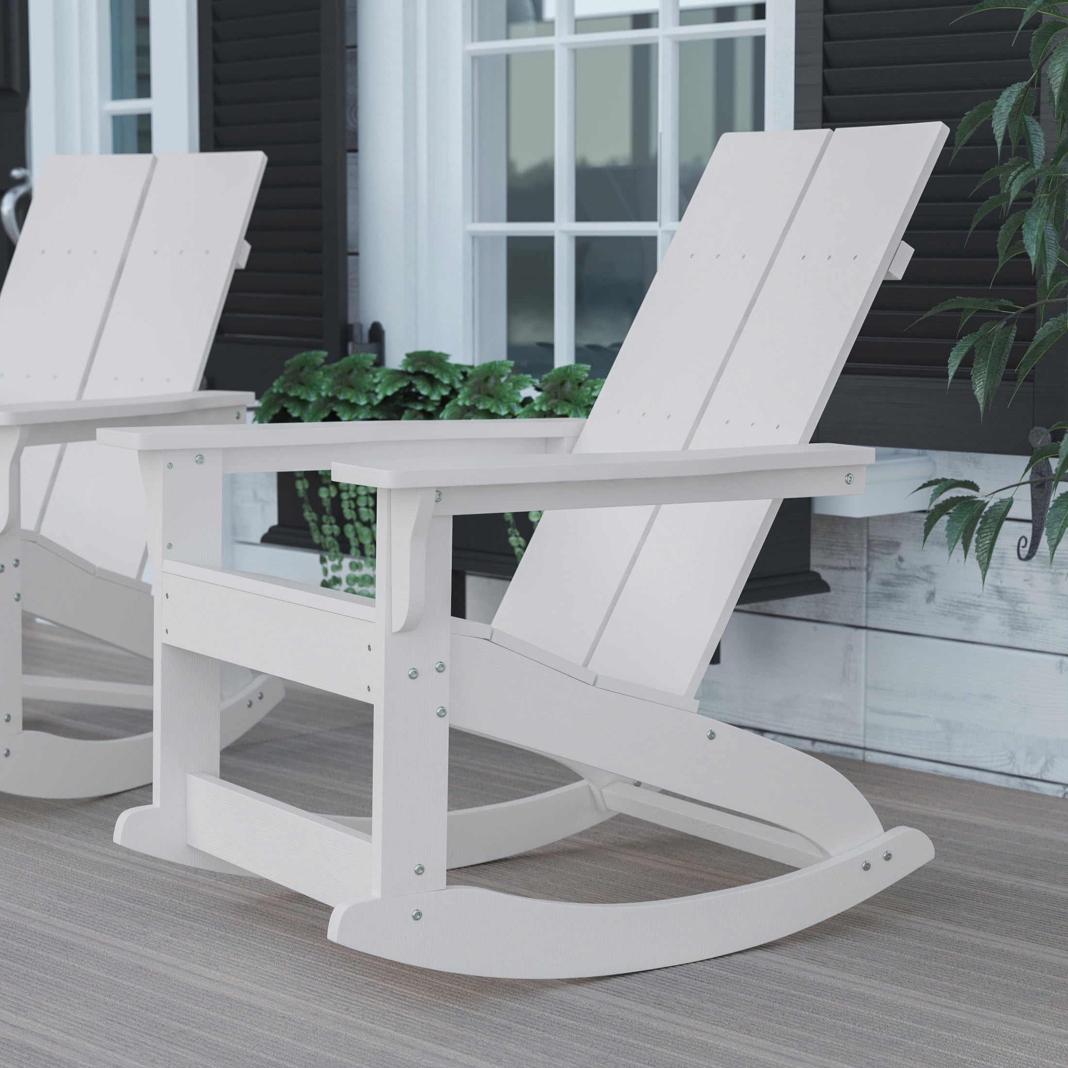 BizChair Modern Commercial Grade All-Weather 2-Slat Poly Resin Wood Rocking Adirondack Chair with Rust Resistant Stainless Steel Hardware in White