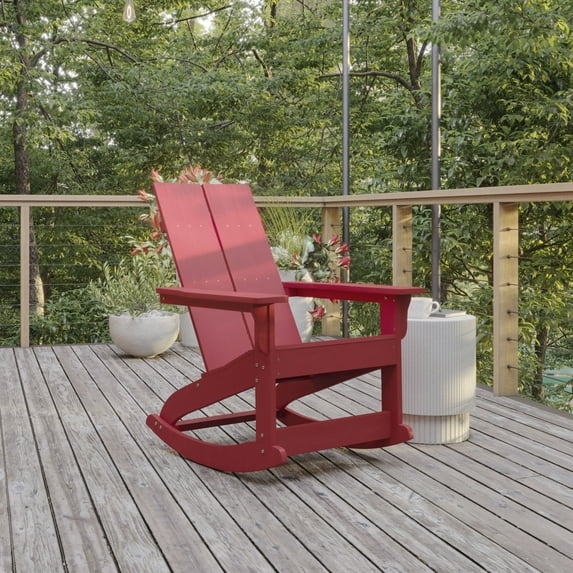 BizChair Modern Commercial Grade Poly Resin Wood Adirondack Rocking Chair - All Weather Red Polystyrene - Dual Slat Back - Stainless Steel Hardware