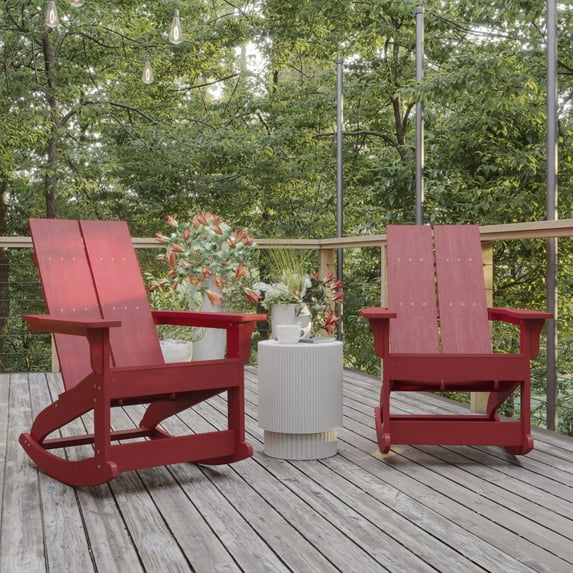 BizChair Modern Commercial Poly Resin Wood Adirondack Rocking Chair - All Weather Red Polystyrene - Dual Slat Back - Stainless Steel Hardware - Set of 2