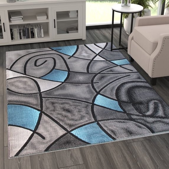 BizChair Modern Contemporary Area Rug, Blue Grey Black (5 Feet X 7 Feet)